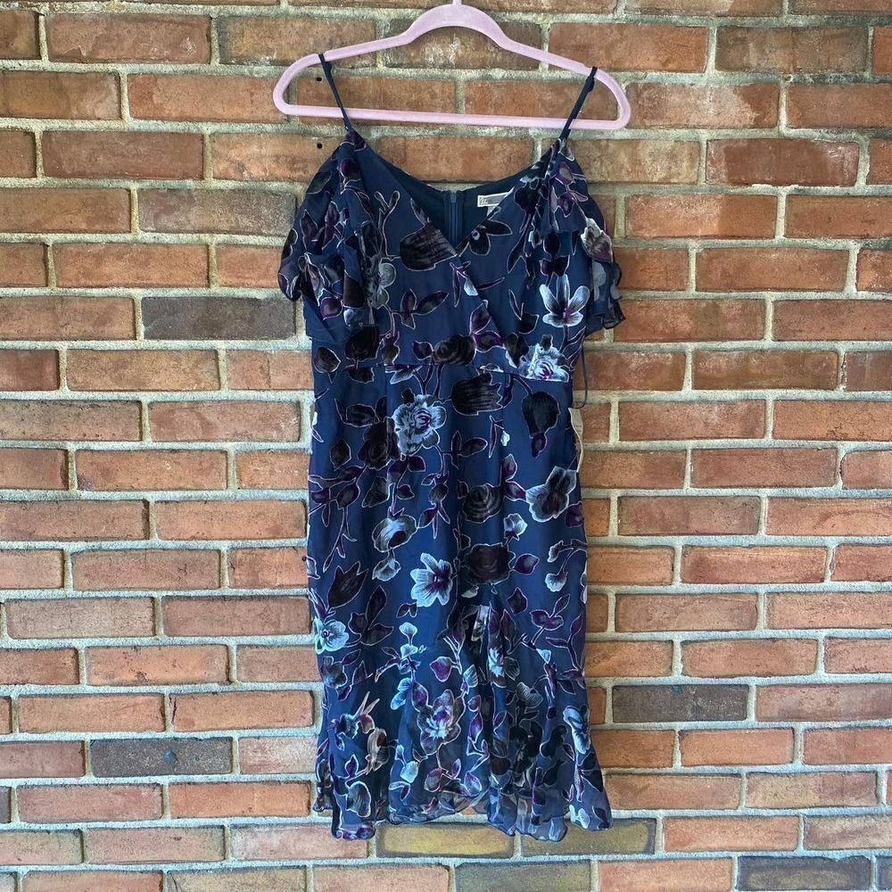 Chelsea28 Floral Velvet Cold Shoulder Dress Navy Medium